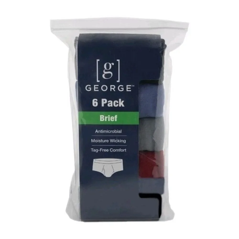 George Men's 6-pack Cotton Briefs Black Blue Gray Red Size 3XL Tagless Wicking